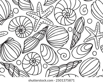 seamless pattern with shells and starfish on a white background. print on a marine theme