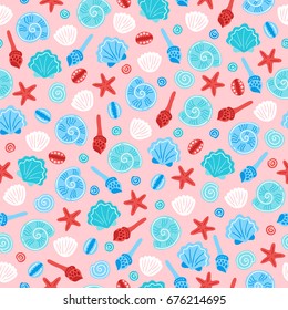 Seamless pattern with shells and starfish on pink background