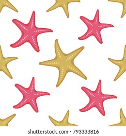 Seamless pattern shells and starfish on white background, cartoon illustration of beach summer background. Vector. Vector