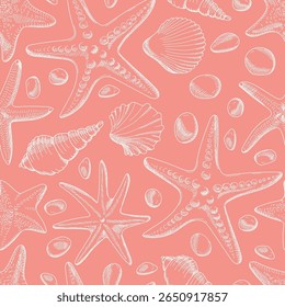 Seamless pattern with shells, starfish and pebbles on coral background. Pattern with marine animals drawn hand with white line. Cute sea template. Vector illustration.