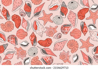 Seamless pattern with shells and starfish. Vector graphics.