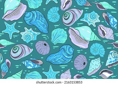 Seamless pattern with shells and starfish. Vector graphics.