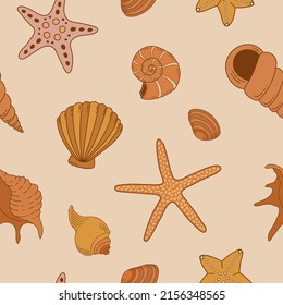 Seamless pattern with shells and starfish. Vintage sea life vector ornament. Marine background. Perfect for textile, invitations, manufacture wrapping paper,  web design