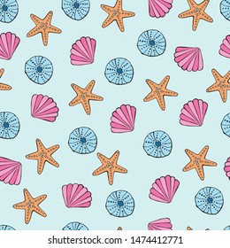 Seamless pattern with shells and starfishes. Marine background. Sketch style. Great for greetings, invitations, wrapping paper, textile, wedding, wallpaper  and web design.  Vector illustration