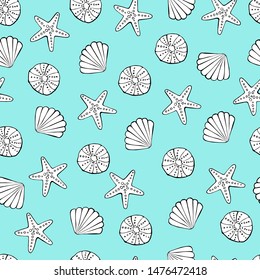 Seamless pattern with shells and starfishes. Marine background. Sketch style. Great for greetings, invitations, wrapping paper, textile, wedding, wallpaper  and web design.  Vector illustration