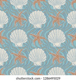 seamless pattern with shells and starfishes on a fond imitating the surface of swirling water