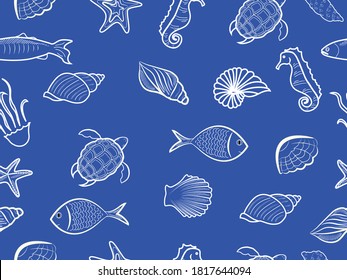 Seamless pattern with shells, stars and fish. Sea background. Vector illustration. Perfect for greetings, invitations, wrapping paper, textiles, and web design.