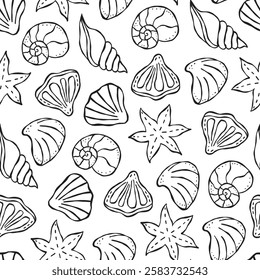 Seamless pattern with shells. Trendy hand drawn minimal art background. Surface cover design. Fabric textile print.