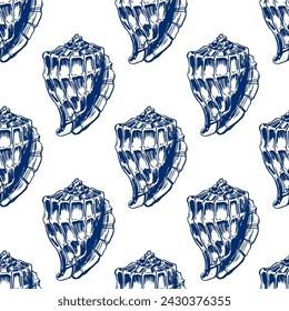 Seamless pattern of shells of underwater inhabitants. Marine background. In sketch style. Blue ornament on a white background. Vector illustration for background design, packaging, textiles