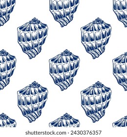 Seamless pattern of shells of underwater inhabitants. Marine background. In sketch style. Blue ornament on a white background. Vector illustration for background design, packaging, textiles