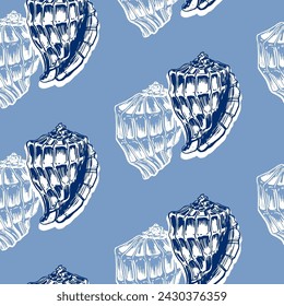 Seamless pattern of shells of underwater inhabitants. Marine background. In sketch style. White ornament on a blue background. Vector illustration for background design, packaging, textiles