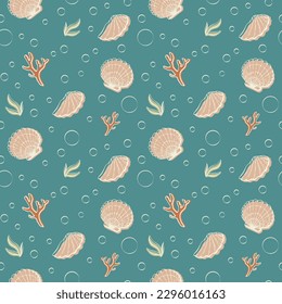 Seamless pattern with shells. Vector illustration. Sea clums seamless pattern. Tropical underwater world.