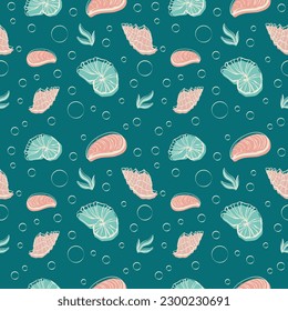 Seamless pattern with shells. Vector illustration. Sea clums seamless pattern. Tropical underwater world.