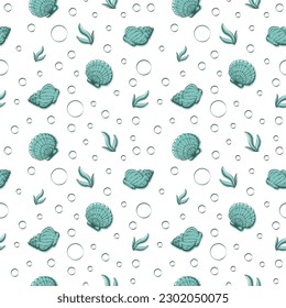 Seamless pattern with shells. Vector illustration. Sea clums seamless pattern. Tropical underwater world.