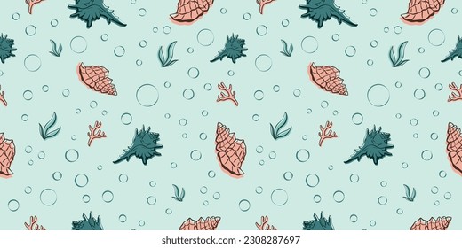 Seamless pattern with shells. Vector illustration. Sea clums seamless pattern. Tropical underwater world.