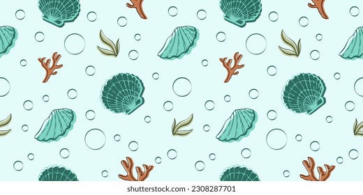 Seamless pattern with shells. Vector illustration. Sea clums seamless pattern. Tropical underwater world.