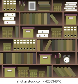 Seamless pattern shelves with books in flat design style.