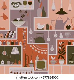 Seamless pattern with shelves and different objects. Horn, lamps, TV, telephone, cactus, watering can, vase, glass, garland, onion in the pot, apple, pear, figurine, hanger, house.