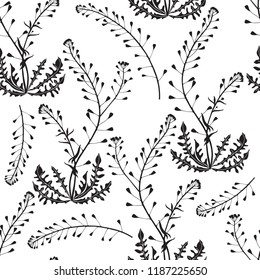 Seamless pattern with shepherd's purse. Black and white vector illustration. Silhouette drawing on a white background.