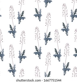 Seamless pattern with shepherd's purse. Colorful vintage illustration. Silhouette drawing on a white background.