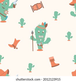 Seamless pattern of sherif and indian cactus. Cartoon vector illustration.  Perfect for kids design, fabric, packaging, wallpaper, textiles, home decor.