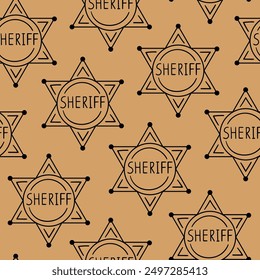 Seamless pattern with sheriff badge star. Hand drawn illustration.