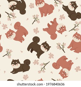 Seamless pattern with shiba inu and cherry flowers. Vector graphics.