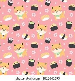 Nahtlose Muster von shiba inu Hund mit Sushi.Sakura floraler Hintergrund.Animal Wallpaper.Japanese food.Kawaii.Vector.Illustration.