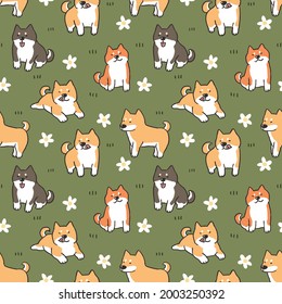 Seamless Pattern with Shiba Inu Dog and Flower Illustration Design on Green Background