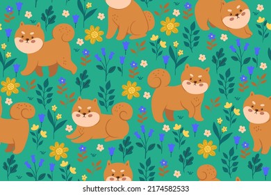 Seamless Pattern With Shiba Inu Dogs And Flowers. Vector Graphics.