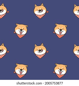 Patrón sin foco con diseño de cara Shiba Inu sobre fondo azul oscuro