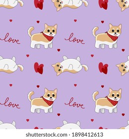 Seamless pattern with shiba inu and hearts. Background for wrapping paper,  greeting cards and seasonal designs. Happy Valentine's day.