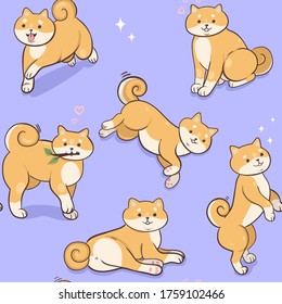 Seamless pattern with shiba inu on a purple background. Vector graphics.
