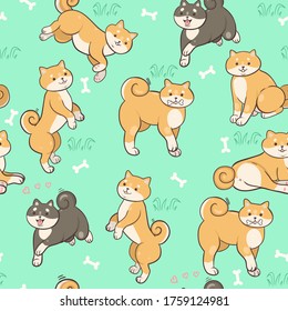 Seamless pattern with shiba inu on a green background. Vector graphics.