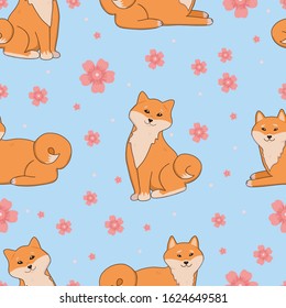 Seamless pattern with shiba inu and sakura flowers. Cute japanese dog. Vector illustration for textile, fabric, wallpaper. Cherry blossom pattern.