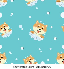 Seamless pattern with shiba inu and soap bubbles. Blue vector background funny puppies in hand-drawn style. Children's pattern bathroom, pajamas, bedroom. Cheerful puppy foam wash