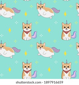 Seamless pattern with shiba inu and stars. Background for wrapping paper,  greeting cards, design.