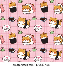 Nahtloses Muster Shiba Inu Sushi mit Waschabi und Sojasoße handgezeichnet Hintergrund.Cartoon Tiercharakter Design.Kawaii.Dog doodle.Kann für Karte,Poster,Banner.Japanese food.Vektorillustration.Illustration verwendet werden.