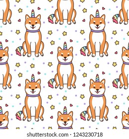 Seamless pattern with shiba inu in a unicorn costume with horn and colorful tail. Excellent print for children's clothes, bed linens, phone case, mug, wrapping paper, textile etc.