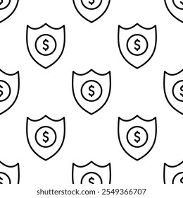 Seamless pattern, shield with dollar sign. Financial security safety, insurance, business and finance concept. Vector illustration