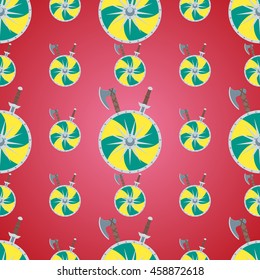 Seamless pattern of shield, sword and ax in a flat style. Vector EPS 10.
