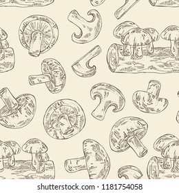 Seamless Pattern With Shiitake: Mushroom And A Bit Of Shiitake. Mushroom. Vector Hand Drawn Illustration