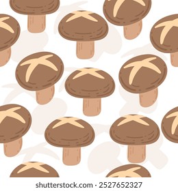 Nahtloses Muster des Shiitake-Pilzes. Geeignet für asiatische Küche, gesunde Ernährung und kulinarische Designs. Vektorgrafik auf weißem Hintergrund.