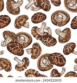 Seamless pattern of shiitake mushrooms. Graphic print of vegetarian food on fabric, wallpaper. Organic Asian mushroom vector background. Ideal for culinary design.