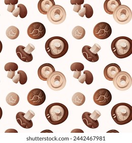 Seamless pattern of shiitake mushrooms. Organic Asian fungus on a white background. Vector background. Ideal for culinary design.