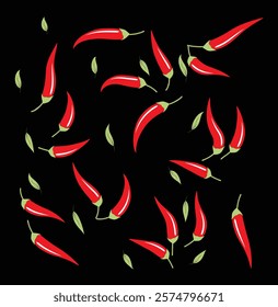 Seamless pattern with shili, fashion background ,
red, hot chili peppers on a black background. Pattern with peppers. Background, screensaver, textile, wallpaper, cover