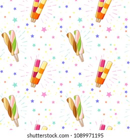 Seamless pattern of shining fruit ice cream on white background with stars and circles. Cartoon illustration for web, site, advertising, banner, poster, flyer, business card. Vector illustration