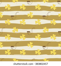 Seamless pattern with shining and glittering gold shamrocks clovers and pipes with tobacco. Pattern for happy St. Patrick's day. Hand drawn background from strips. Seamless background eps
