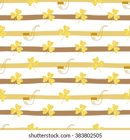 Seamless pattern with shining and glittering gold shamrocks clovers and pipes with tobacco. Pattern for happy St. Patrick's day. Hand drawn background from strips. Seamless background eps