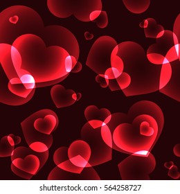 Seamless pattern with shining red bokeh neon random hearts on dark background